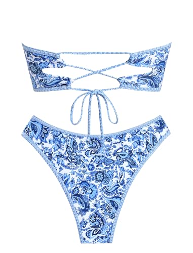 Image of ZAFUL Women's High Cut Bandeau Bikini Set Strapless Solid Color 2 Pieces Bathing Suit Swimsuit