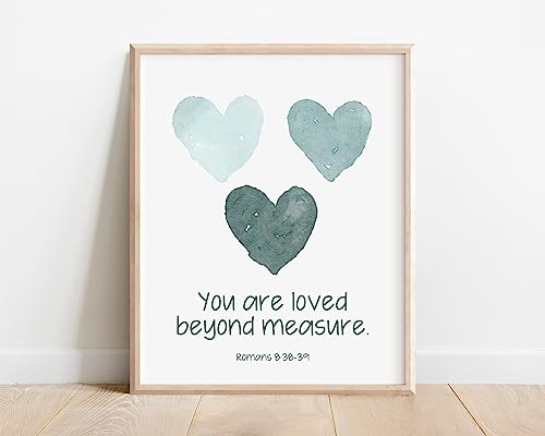 Generic Christian Nursery Decor, Kids Bible Verse Wall Art, Romans 8:38, You Are Loved Beyond Measure, Scripture Print, Watercolor Hearts, Teal, 11 x 17 Inches, 16 x 24 Inches. 24 x 36 Inches, white