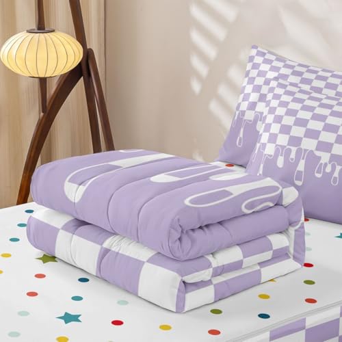 Image of Lavender Checkered Zipper Bedding Set Queen Zip Up Bedding Checkerboard Drip Comforter Set with Sheets,Indie Aesthetic Modern Geometric Bed in a Bag Bed Sets with 2 Pillowcases Y2K Room Decor