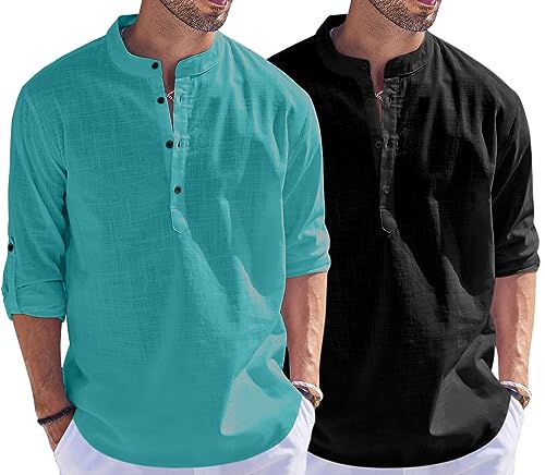 Image of Bellstone Men's Cotton Blend Straight Kurta Shirt Combo with Mandarin Collar - Slim Fit Casual Short Kurti Set Featuring Textured Slub Fabric and Roll-Up Full Sleeves