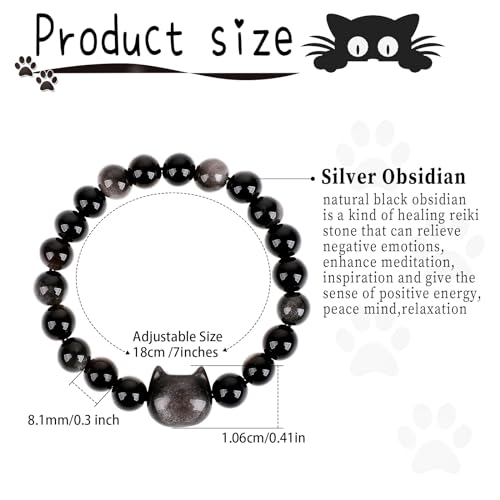 Lucky Cat Black Obsidian Bracelet - Good Luck & Protection Charm Beads | Spiritual Jewelry Gift for Women, Her, Teen3