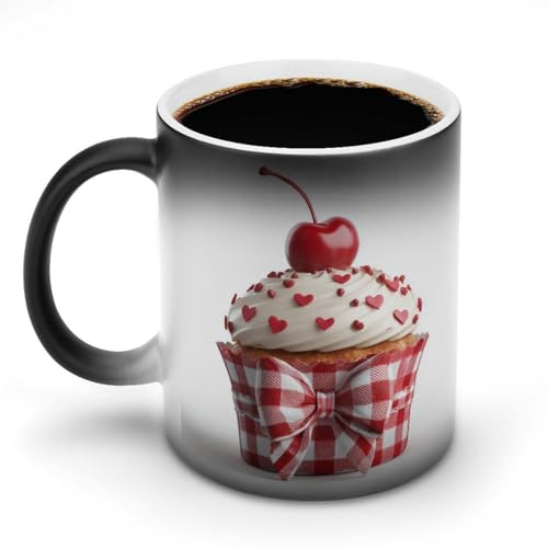 Jubonexis Taza de café de cerámica que cambia de color con diseño de cereza en cupcake con lazo, taza de café de cerámica novedosa y divertida taza de agua de 325 ml