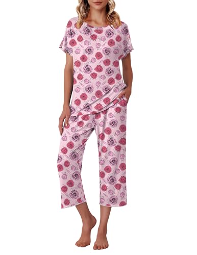 Image of Ekouaer Women's Capri Pajama Sets Print Short Sleeve Sleepwear Top and Capri Pants Soft Loungewear with Pocket