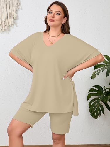 Image of AusLook Women's Plus Size 2 Piece Short Outfits Set Short Sleeve Tops and Shorts Pants Lounge Jogging outfits Matching Set