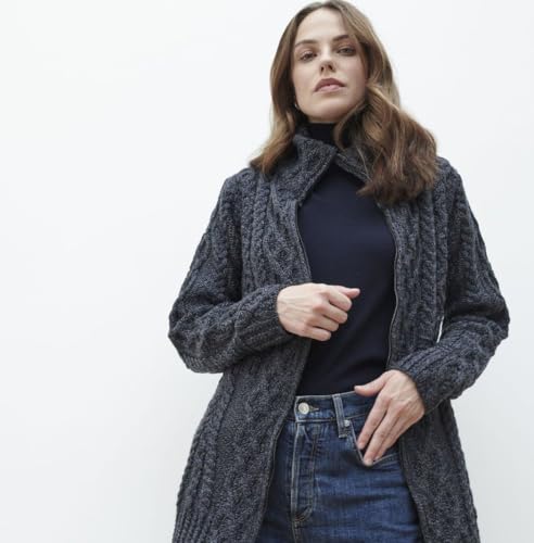 Image of 100% Irish Wool Women's Cable Knit Cardigan Sweater, Full Zip, Made in Ireland