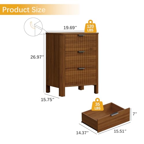 Image of Wodeer 3 Drawer Dresser for Bedroom, 20 inch Wide Wood Storage Cabinet with Fluted Design, Modern Chest of Drawers for Living Room, Nursery Clothing Organizer with Metal Slides, Anti-Tipping