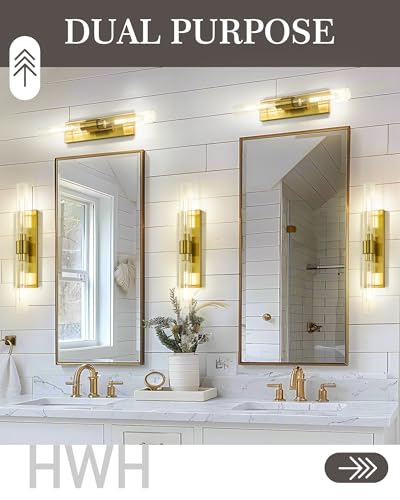 Image of HWH Brushed Gold Wall Sconces Set of 2, 2-Light, 5HY104B-2W-2PK BG | Wall Mounted, Vertical and Horizontal Mounting, Vanity Light Bar, 24-Inch Bathroom Vanity Lights Over Mirror, For Bedroom