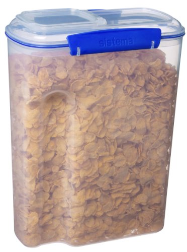 Sistema KLIP IT Cereal Container, Large 4.2L, Clear with Blue Clips, Airtight Storage with Lid, Plastic, BPA Free, Dishwasher, Microwave and Freezer Safe