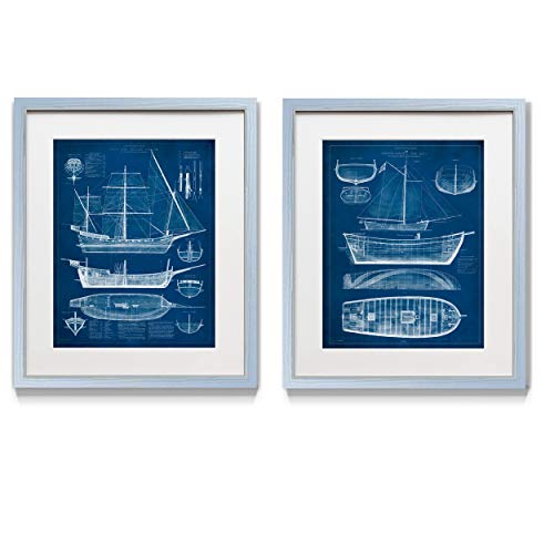Renditions Gallery Antique Ship Blueprint 2 Framed Artwork Set, Old