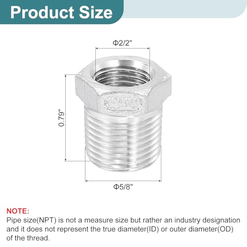 Image of uxcell 1Pcs 3 /8 inch Male to 1 /4 inch Female NPT 304 Stainless Steel Reducer Hex Bushing, Reducing Cast Pipe Adapter Fitting for industrial, oil /gas, water, HVAC, and plumbing systems