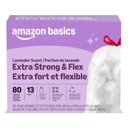 Image of Amazon Basics Ultra-Force Tall Kitchen Drawstring Trash Bags, Lavender Scented, 13 Gallon, 80 Count, Pack of 1, Packaging May Vary