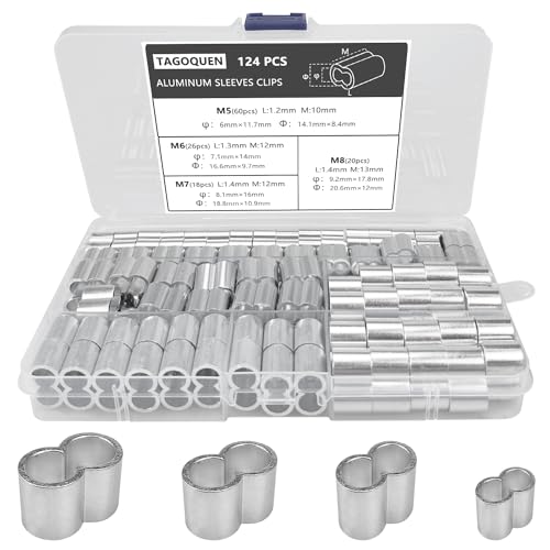 124 Pieces 4 Sizes Wire Rope Crimping Sleeves Aluminum 5 mm 6 mm 7 mm 8 mm Cable Crimps Sleeves Clip Wire Clamp Fittings for Wire Rope Bungee Cord Elastic String