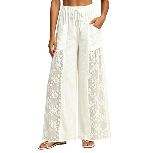 Pantalon en dentelle florale au crochet femme taille haute pour la plage