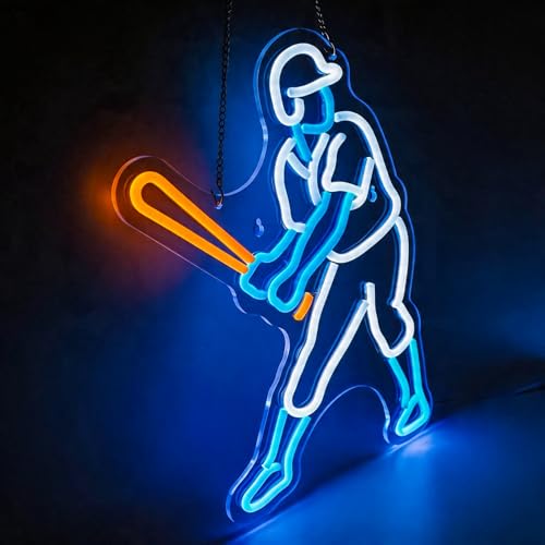 Image of Baseball Player Neon Sign - Dimmable LED Baseball Light & Wall Decor for Boys Bedroom, Man Cave & Party | Gift for Men, Boys & Kids (Classic White, 16.7x13 inch)