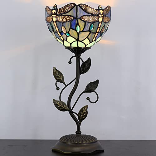 Rhlamps Small Tiffany Table Lamp 8" Sea Blue Stained Glass Dragonfly Style Shade 19" Tall Antique Vintage Metal Leaf Base Mini Bedside Accent Desk Torchiere Uplight For Living Room Bedroom #TOP5