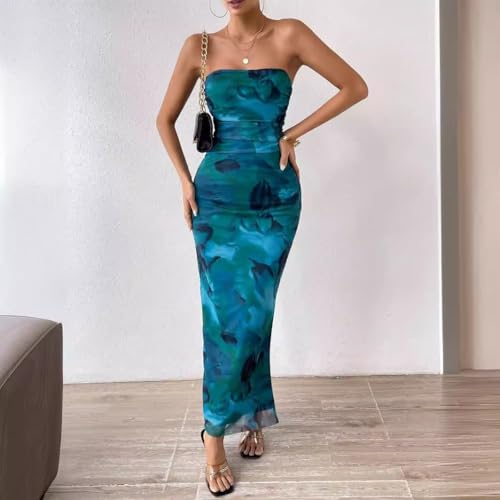 Image of Women's Mesh Floral Strapless Bodycon Maxi Dress Ruched Long Tube Dresses Summe Sexy Party Club Dress Y2K Dresses