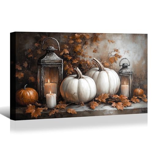 BANHUA1 Vintage Halloween Canvas Wall Art, Autumn Pumpkin Fall Leaf