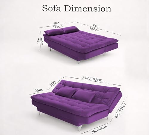 Image of Krancy Solid Wood 3 + 2 Seater Sofa Cum Bed with 2 Cushions | Convertible Wooden Couch for Living Room, Home & Office | Modern Designer Furniture | 3 Years Warranty | Purple