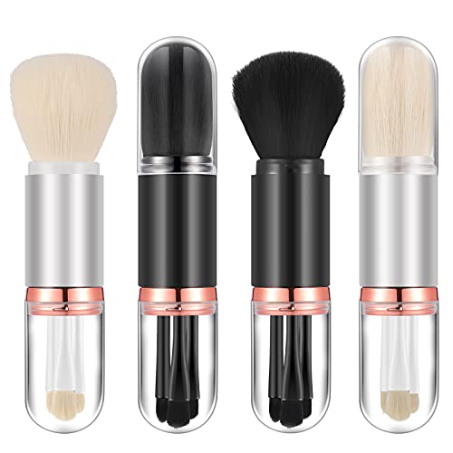 2 Sets Small Makeup Brush Set 4 in 1 Makeup Brush Portable Travel Lip Brush Foundation Blending Powder Brush Retractable Mini Facial Cosmetic Makeup Brush Set (Black, White)