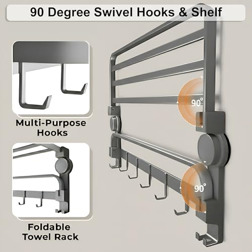 Image of Story@Home 24 Inches Premium Aluminium Finish Folding Towel Holder Rack for Bathroom, Rod with Hooks | Rack for Bathroom, Suction Towel Rack | Folding Towel Rack Floating No Drill Shelf - Grey