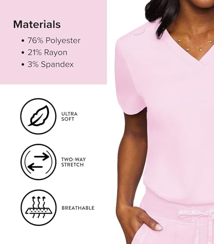 Image of Med Couture Women's V-Neck Scrub Top, Modern Fit Tuck-in Top with Stretchy Rib-Knit Shoulders and Chest Pocket - MC7448