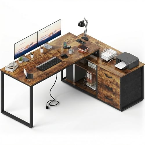 JUMMICO Schreibtisch mit Schubladen, 140x105x75cm, L Form Reversible Eckschreibtisch mit 2 USB-Ladeanschlüssen und 2 Steckdosen,Braun