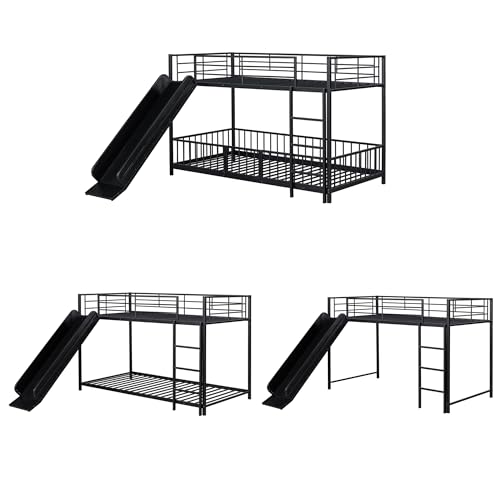 Image of Bellemave Twin Over Twin Bunk Bed with Slide and Ladder, Metal Low Bunk Bed for Kids, Girls, Boys, Removable Fence, with Door, Black