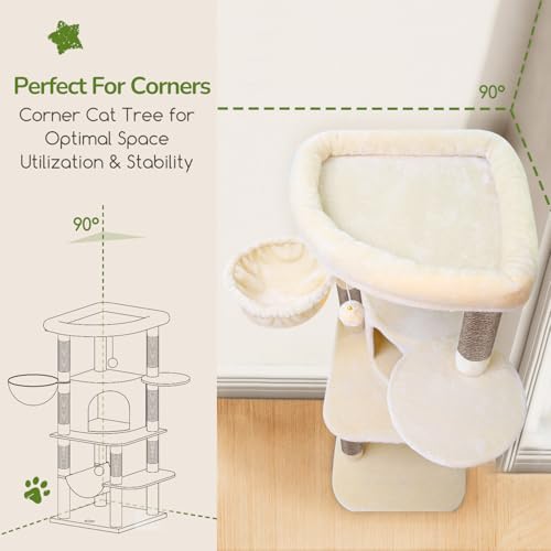 Globlazer Corner Cat Tree, 51in Curved Series Modern Cat Tower for Indoor Cats with Hammock, 7 Sisal Scratching Posts, Large Fan-Shaped Platform for Large Cats, Cat Condo & Hanging Basket, C51, Beige - Image 3