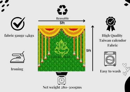 Image of Ganesha Backdrop Decoration Cloth | Green Coconut Leaf Background Cloth with Yellow Ganesha Line Art and Top Flower Garlands | laxmi Backdrop for Pooja 5x5 feet