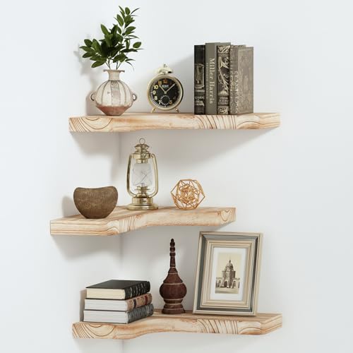 SAUMONIERES Corner Floating Shelves Wall Mount Shelf Solid Wood for Bedroom Bathroom Room Kitchen Storage Set of 3, Rustic Torched, Invisible Brackets