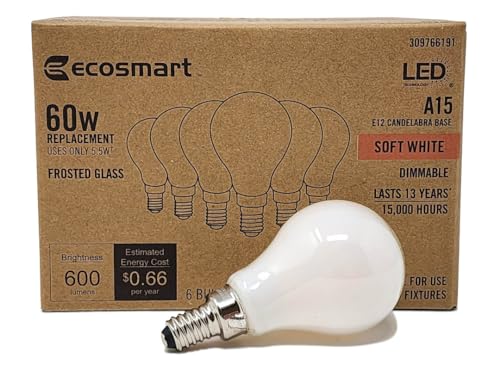 EcoSmart A15 LED Frosted Bulb | 60W Dimmable Soft White 2700K | E12 Candelabra Base | 600 Lumens | Ceiling Fan Bulbs (6-Pack)