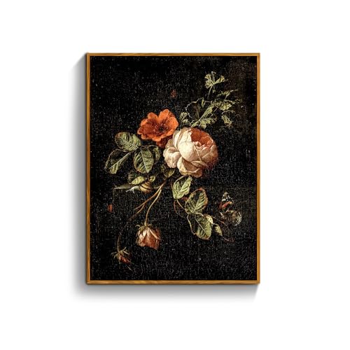 crmotu Vintage Framed Wall Art, Botanical Floral Canvas Art Prints, Still Life Rose Rustic Farmhouse Decor, Antique Flower Black Wall Pictures for Living Room Bedroom Bathroom Office Artwork 12x16in