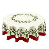 Ancordivo Christmas Round Tablecloth 70 Inch Red Xmas Holly Leaves Berries Pattern Circle Table Cloth Winter Holiday Decorative Table Cover for Kitchen Dinner Home Decor