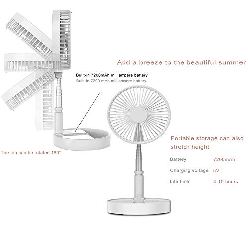 Folding Pedestal Stand Fan Mini Telescopic Fan USB Rechargeable Table Floor Fan Built-in 7200mAh Battery 4 Speeds Adjustable Height and Head Great for Office Home Outdoor Camping White - Thumbnail 3