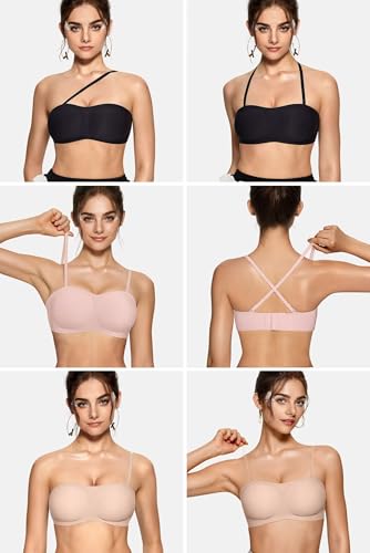 Image of Vertvie Push Up Strapless Bra for Women Non-Slip Wireless Bandeau Bras Padded Tube Top Supportive Bralette(Black,Large,Plain Jersey)