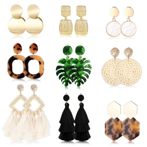 Finrezio 9 Paar Clip-Ohrringe für Frauen, Rattan, Kunstharz, Acryl,...