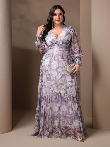 Image of Spring Summer 2024 Plus Size Womens Dresses V Neck Casual Elegant Long Sleeve Floral Print Maxi Dress