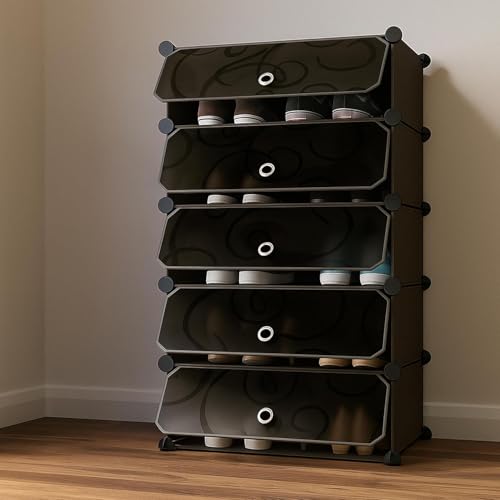 Image of Premium Modular Plastic Shoe Rack for Home | 5 ๐๐๐๐๐
Shoe Rack with 5 Doors, Hook Holder for Home Storage Organizer with Metal Door Frame to Cover Chappal Slipper Sandals Shoes - Black