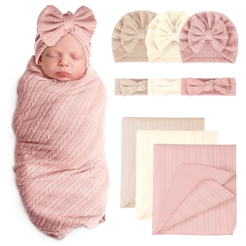 Image of AQOKKA Newborn Receiving Blanket with Bow Hat Headband Set Wheat-Pattern Newborns Toddler Baby Boy Girl Nursery Swaddle Wrap