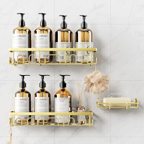 Deyhoc 3 Stück Duschablage Ohne Bohren Edelstahl, Badezimmer Organizer Regal Zubehör, Seifen Zahnbürstenhalter Set, Bad Regal,Bathroom Schnell Trocknende Duschhalterung, Duschkorb Ohne Bohren, Golden