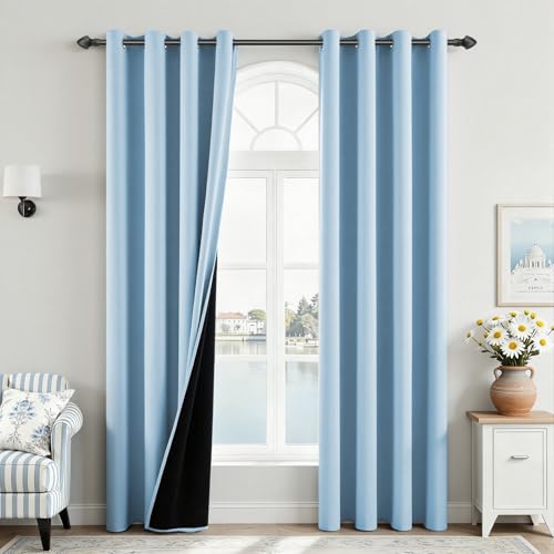 MRTREES Rideau Thermique Isolant Anti Froid 140x240 cm Rideaux 100% Occultant Bleu à Oeillets Tissu Epaissi avec Doublure Noire Anti-UV pour Salon Chambre...