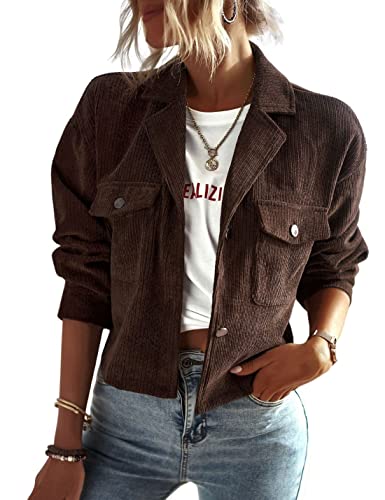Kwoki Women's Corduroy Jackets Casual Long Sleeve Button Down Shirt Jacket Shacket Fashion Trendy Blazer Tops with Pockets