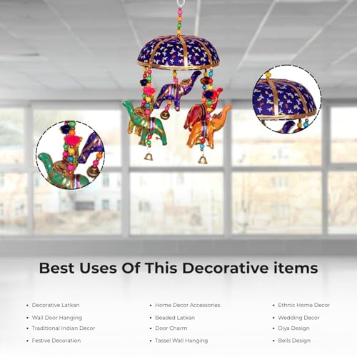 Image of Rajasthani Multicolor Elephants Jhoomer with Bell - Decorative Wind Chimes for Door & Wall Hanging, Ideal Home Decor & Gift Showpiece (Blue)