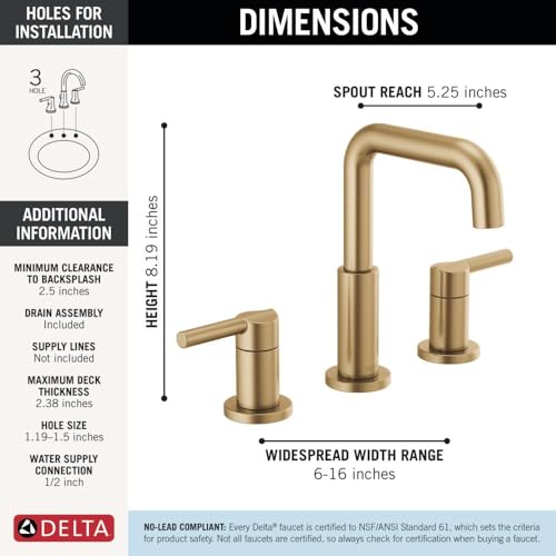 Image of Delta Nicoli Brushed Gold Faucet 3 Hole, 8 Inch Widespread Bathroom Sink Faucet for Vanity, Push-Pop Drain Assembly, Champagne Bronze 35849LF-CZ