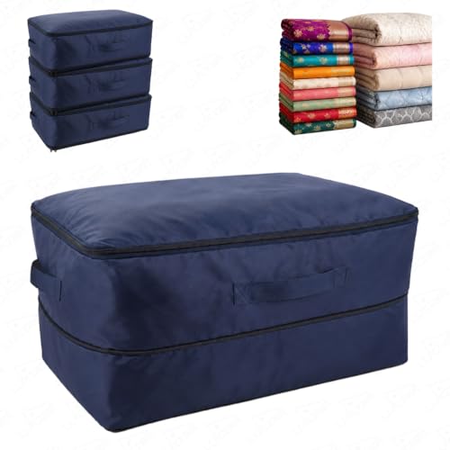 Image of Lukzer 3PC Expandable Self Compression Storage Bag for Clothes, Sarees, Blankets, Comforters & Bedding | 2 Layer Large Capacity Space Saving Wardrobe Storage Organizer | No Vacuum Needed (Nylon /Blue)