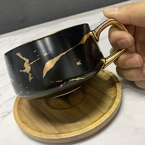 Coffeezone Luxury Golden Marble 10.5 Oz Matte Ceramic Latte Coffee Tea Cups with Wood Saucers (Black, Cup
