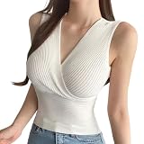 [RIZETTE] 【リゼット】トップス レディース リブ ノースリーブ Vネック ウエスト切り替え タイト カシュクール ホワイト フリーサイズ