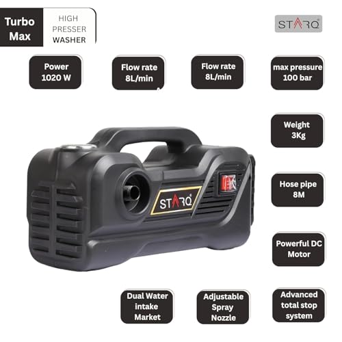 Image of STARQ TurboMax 48V Cordless High Pressure Washer, 1020W, 100 Bar, 8 LPM, Portable Car, Bike & Home Cleaning Washer with 8 Meter Hose and 1 x 4000mAh Battery (Single Battery Included)