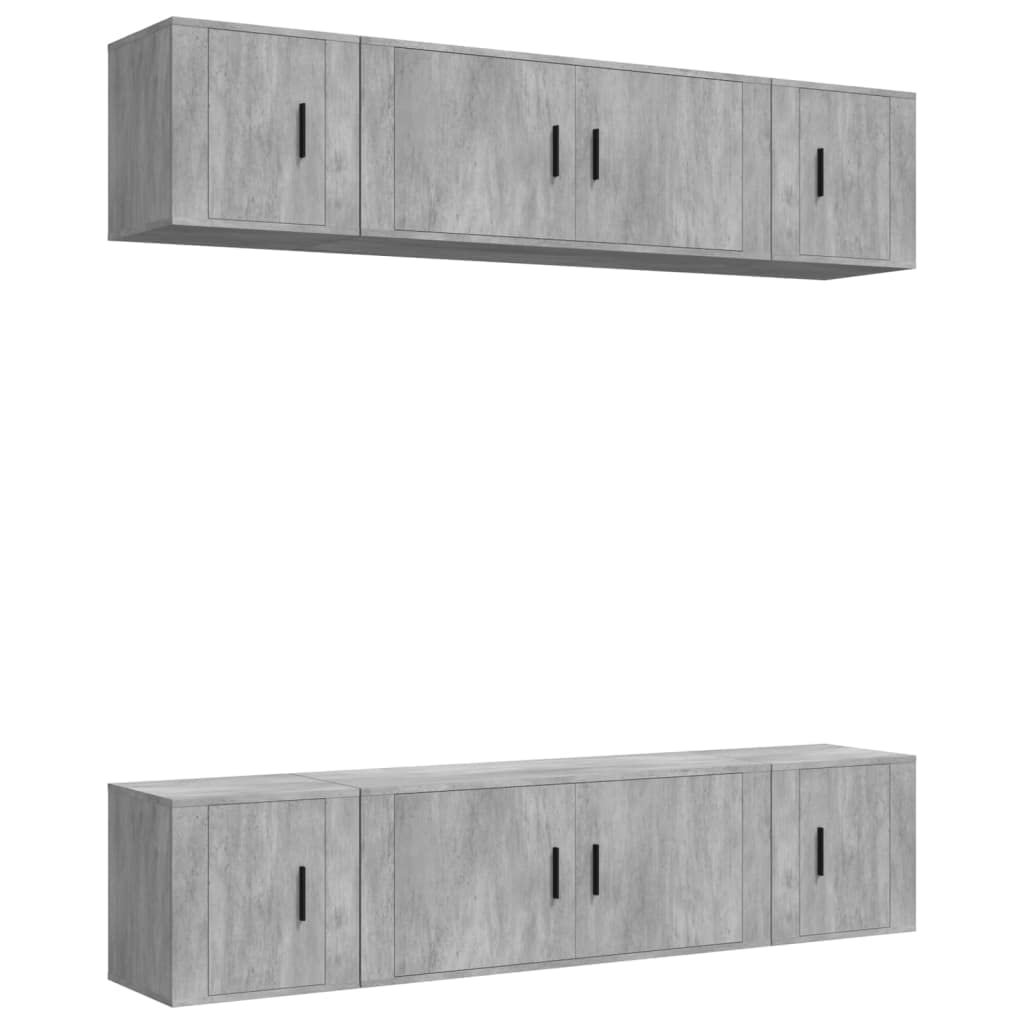 6-TLG. TV-Schrank-Set Betongrau Holzwerkstoff, Wandmontage, Modernes Media-Center für Wohnzimmer, Robustes Entertainment-Möbel mit Stauraum