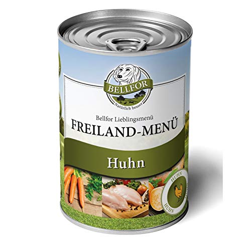 Bellfor Freiland-Menü Getreidefreies Nassfutter für Hunde mit Huhn 6 x 400 g, Hundefutter ohne Getreide und ohne Zuckerzusätze, Qualitätsernährung für Ihren Vierbeiner